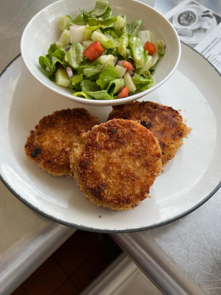 Maryland-Style Crab Cakes and Summer Garden Diced Vegetable Salad