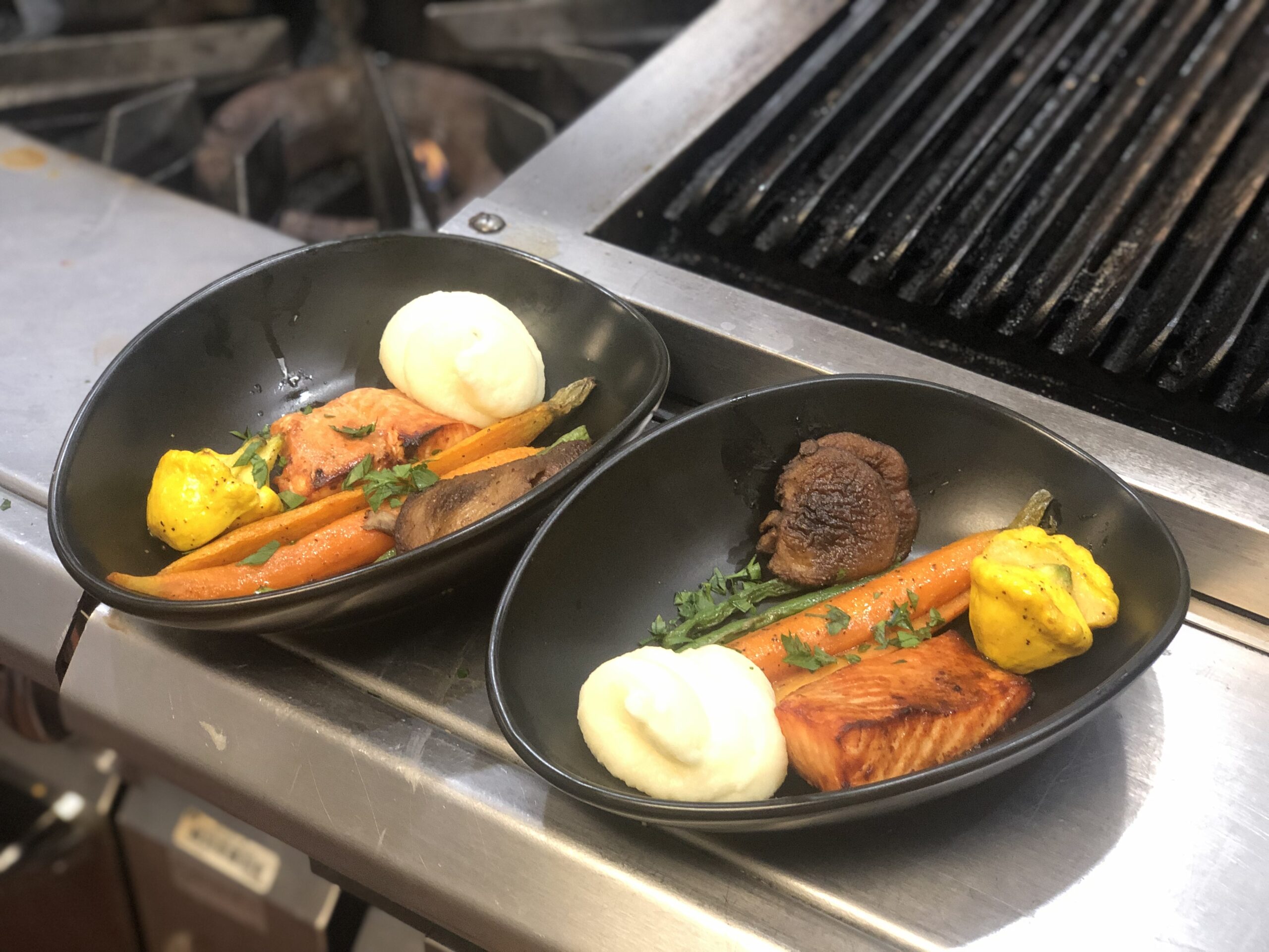 Gitksan Planked Salmon with Berry Barbeque Sauce, Roasted Fennel–Yukon Gold Potato Purée, and Northwest Vegetable Medley