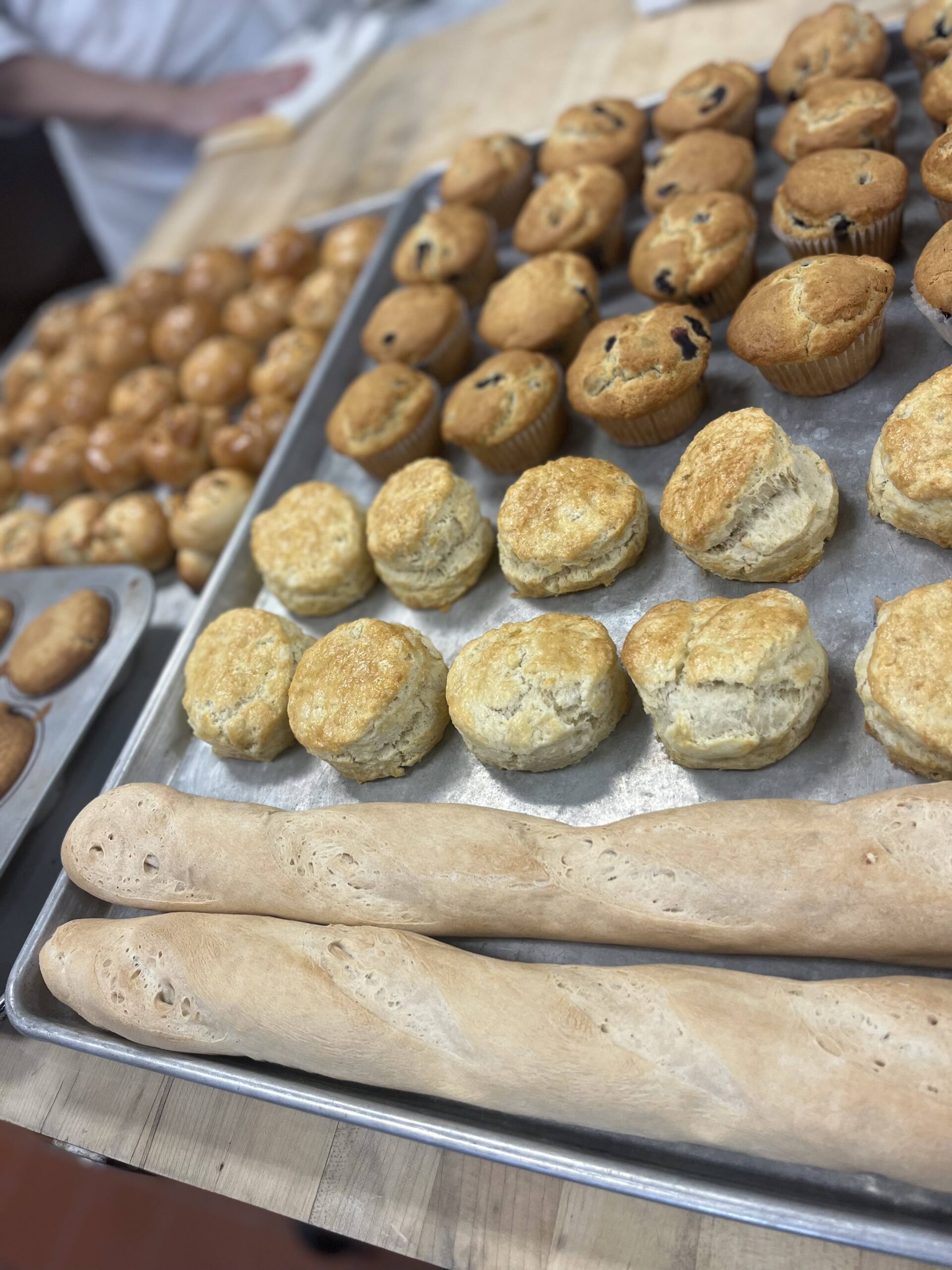 Breads presentation with Baguettes, Biscuits, Muffins and Dinner Rolls.