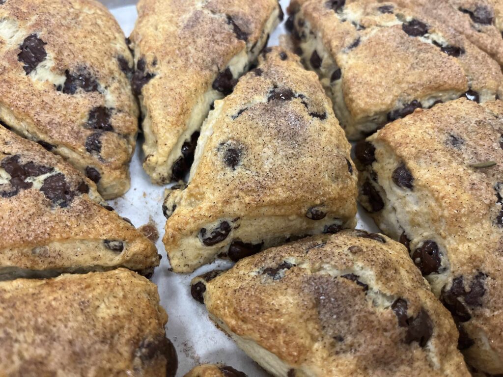 Close-up of Chocolate Scones with extra chocolate.